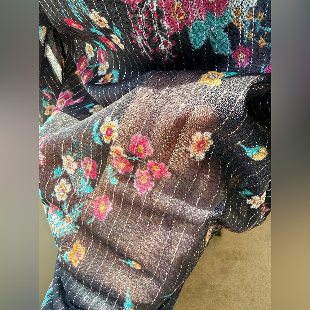 Vintage 90’s sheer black floral button front blouse top gold metallic large - Picture 6 of 12
